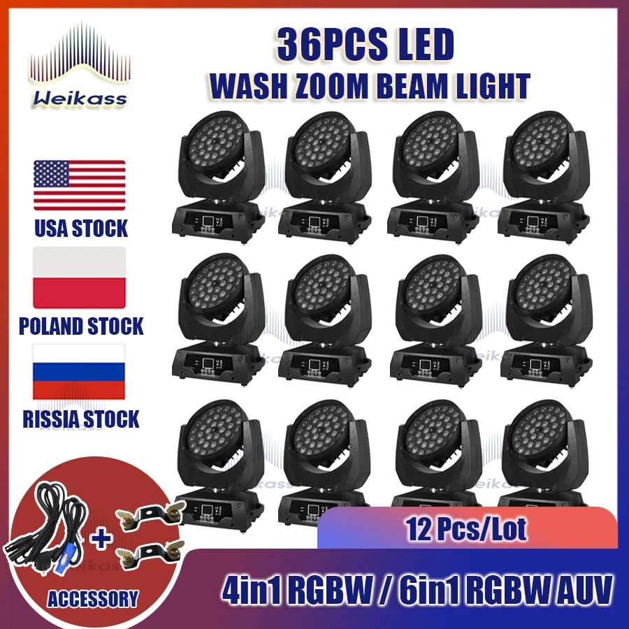 0 Tax 12Pcs Led Zoom Wash 36x18w Rgbwauv 6in1 Moving Head Light Lyre Wash Zoom 36x12w Rgbw 4in1 Moving Head Wash Light DJ Disco