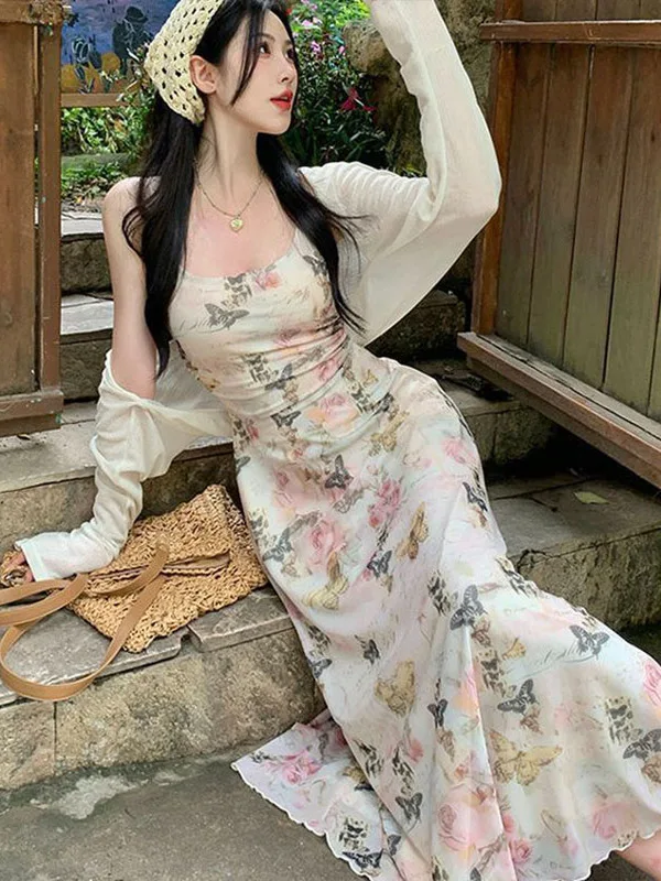  Floral Print Halter Dress Women's Set Sweet Japanese Style Low Waist A-Line Midi Skirt with Bow Tie Summer Dress