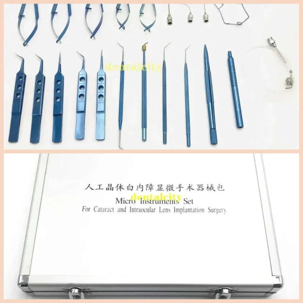 21 SZT. Zestaw okulistyczny z tytanu/stali nierdzewnej, instrumenty okulistyczne, mikro-pęsety, nożyczki, uchwyt na igły, zestaw narzędzi chirurgicznych