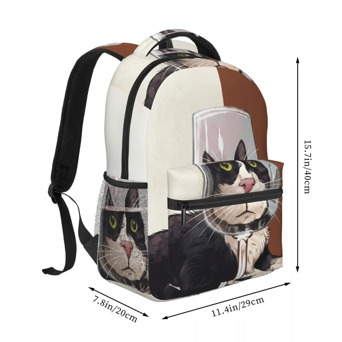 Dark Punk Printed Backpack Center Wine Cat Whimsical Illustration Black White Multi Streetwear Bookbag for Teens College Travel