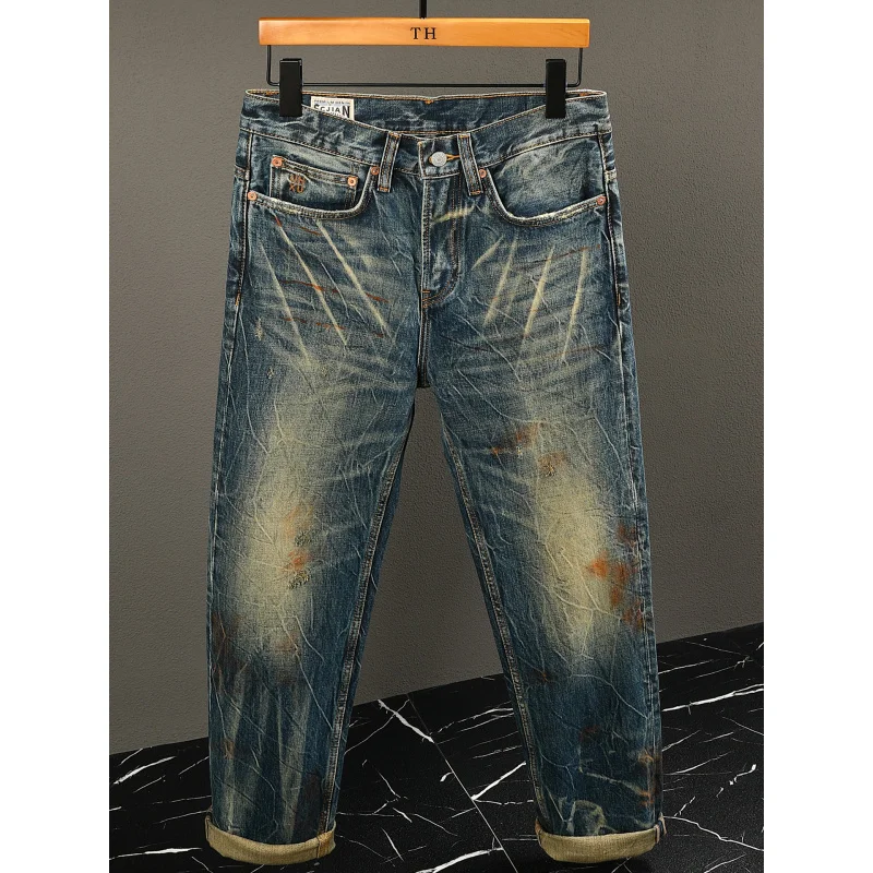 

2025 autumn and winter thick, high-end retro jeans men in yellow mud color with cracked print straight leg loose pants