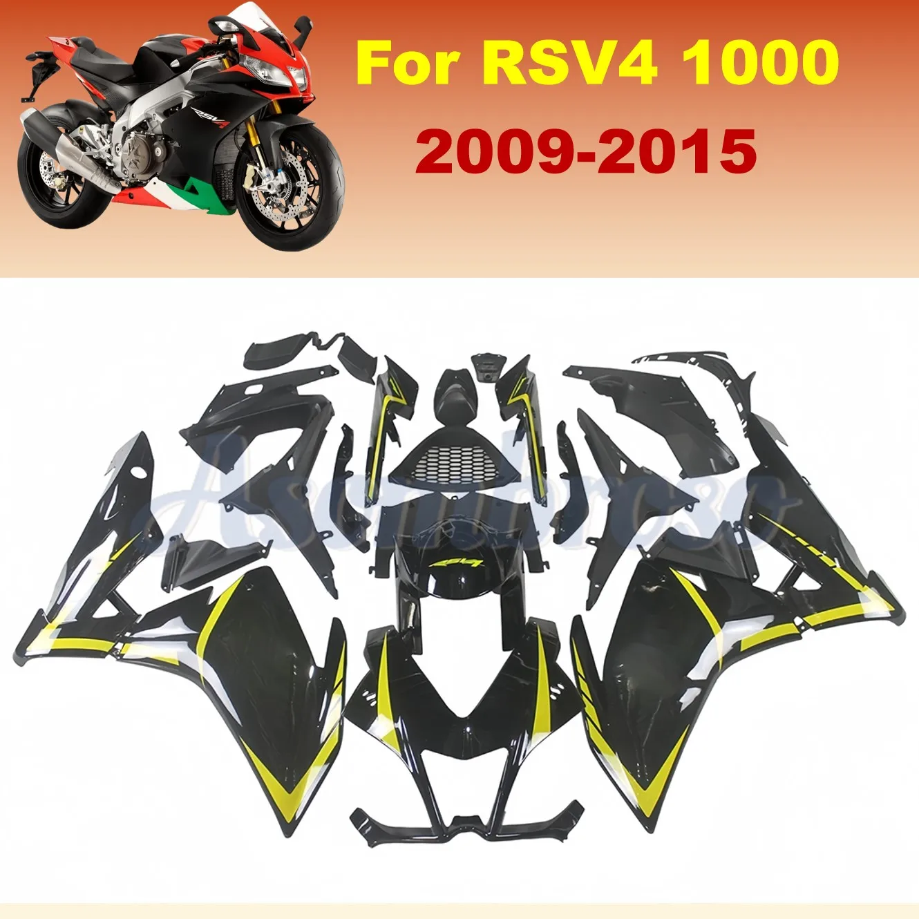 Injection Bright Black Fairing kit For Aprilia RS1000 2009 2015 RSV4 2011 2012 2013 2014 2010 lines in yellow