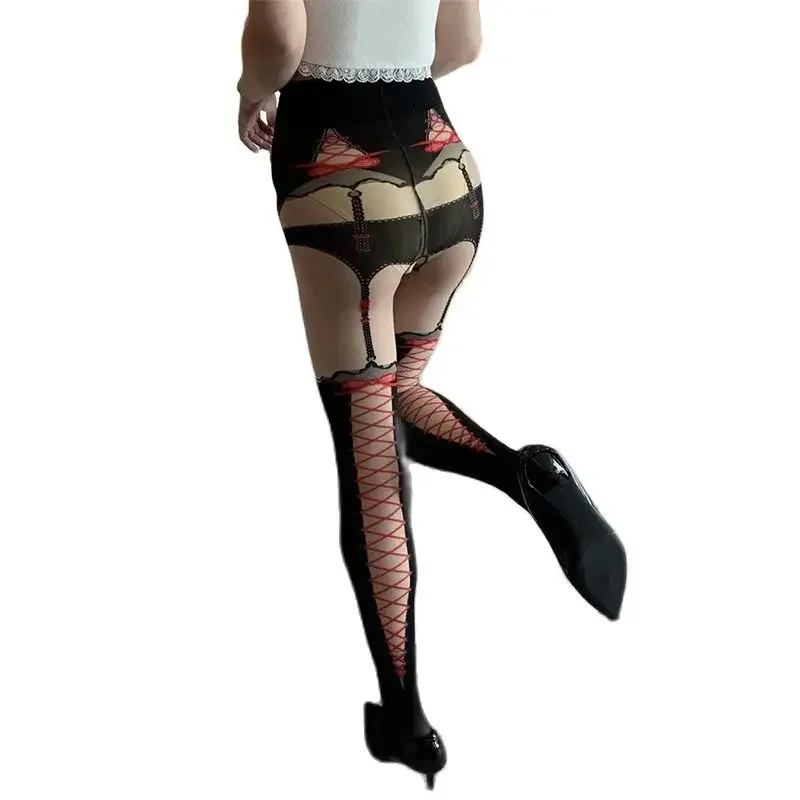 Nieuwe Ontwerpen Sexy Zwart Gebundelde Jarretels Print Open Kruis Panty Transparante Panty Womens Back Line Lolita Kousen Lingerie