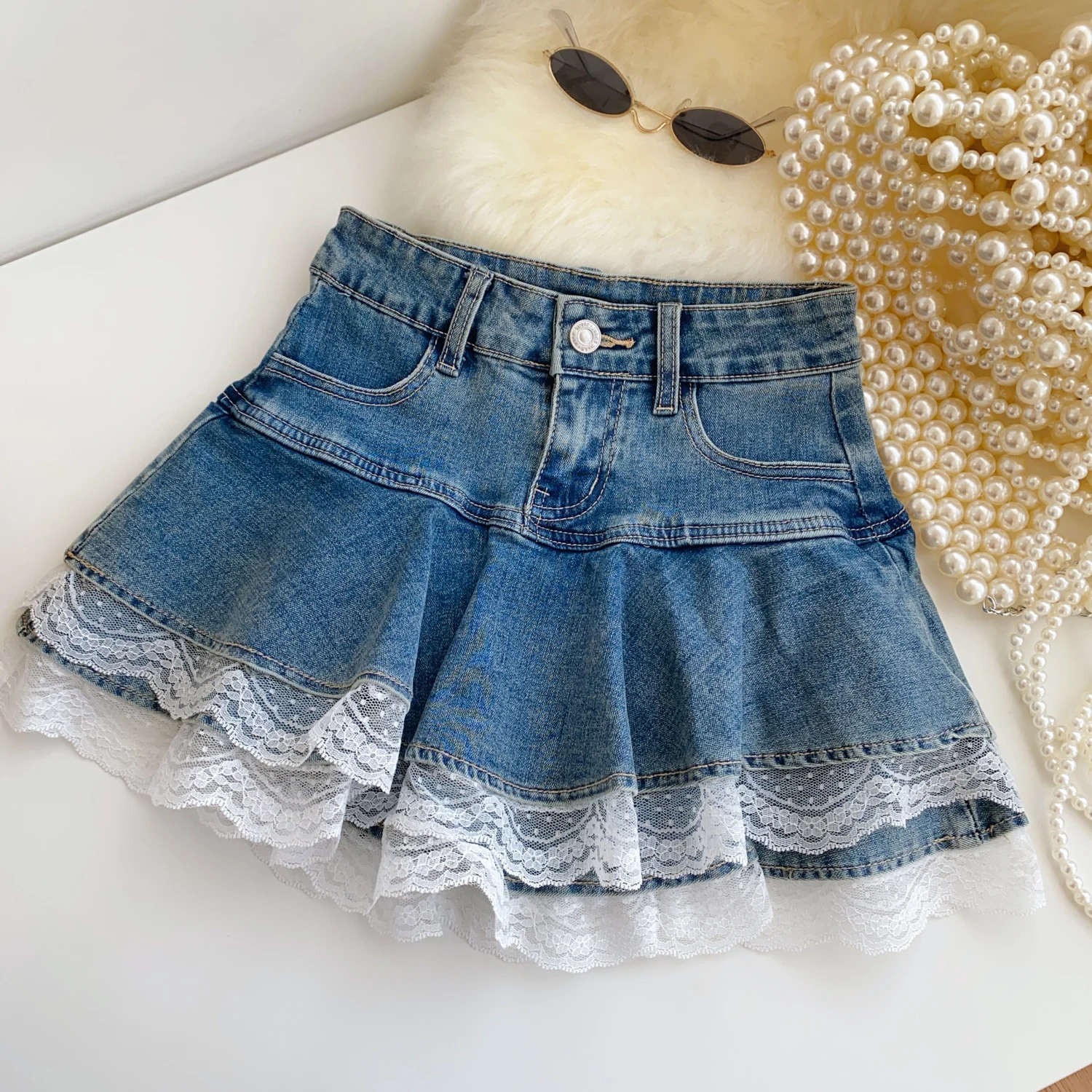 

Harajuku Sweet Lace Denim Cake Skirt Women Hight Waist A Line Mini Skirt Korean Fashion Female Casual Pleat Skirt Y2K Streetwear