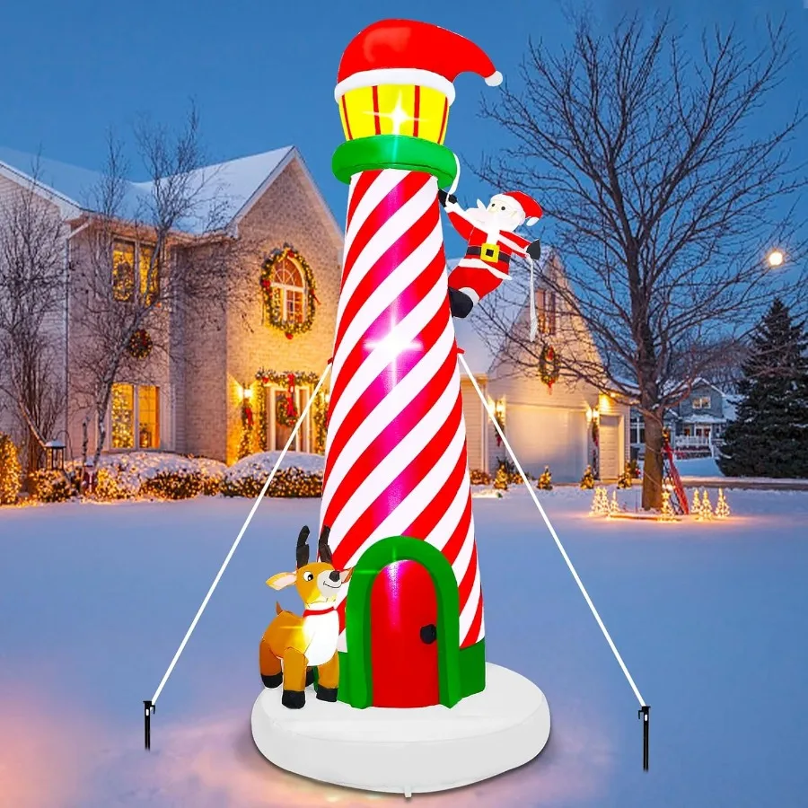 Decoración inflable navideña de 10 pies, faros gigantes iluminados con adornos inflados de Papá Noel y renos con almacenamiento B