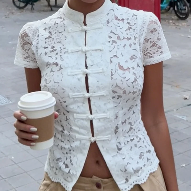 

Y2k Lace Hollow Out Shirts Cardigan Women's Short Sleeve See-Through Patchwork Commute Top Female Summer Lace Blouses