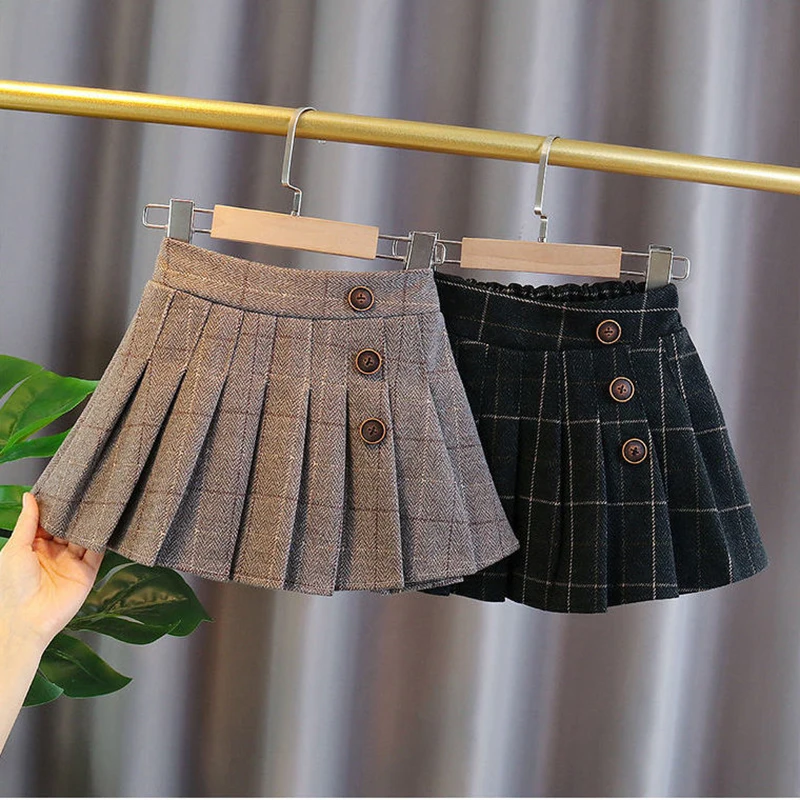 2023 Kids Girls Pleated Skirts Woolen Plaid Skirts New Arrival Children Princess Coffee Black Skirts School Wear Clothes 3-16Y