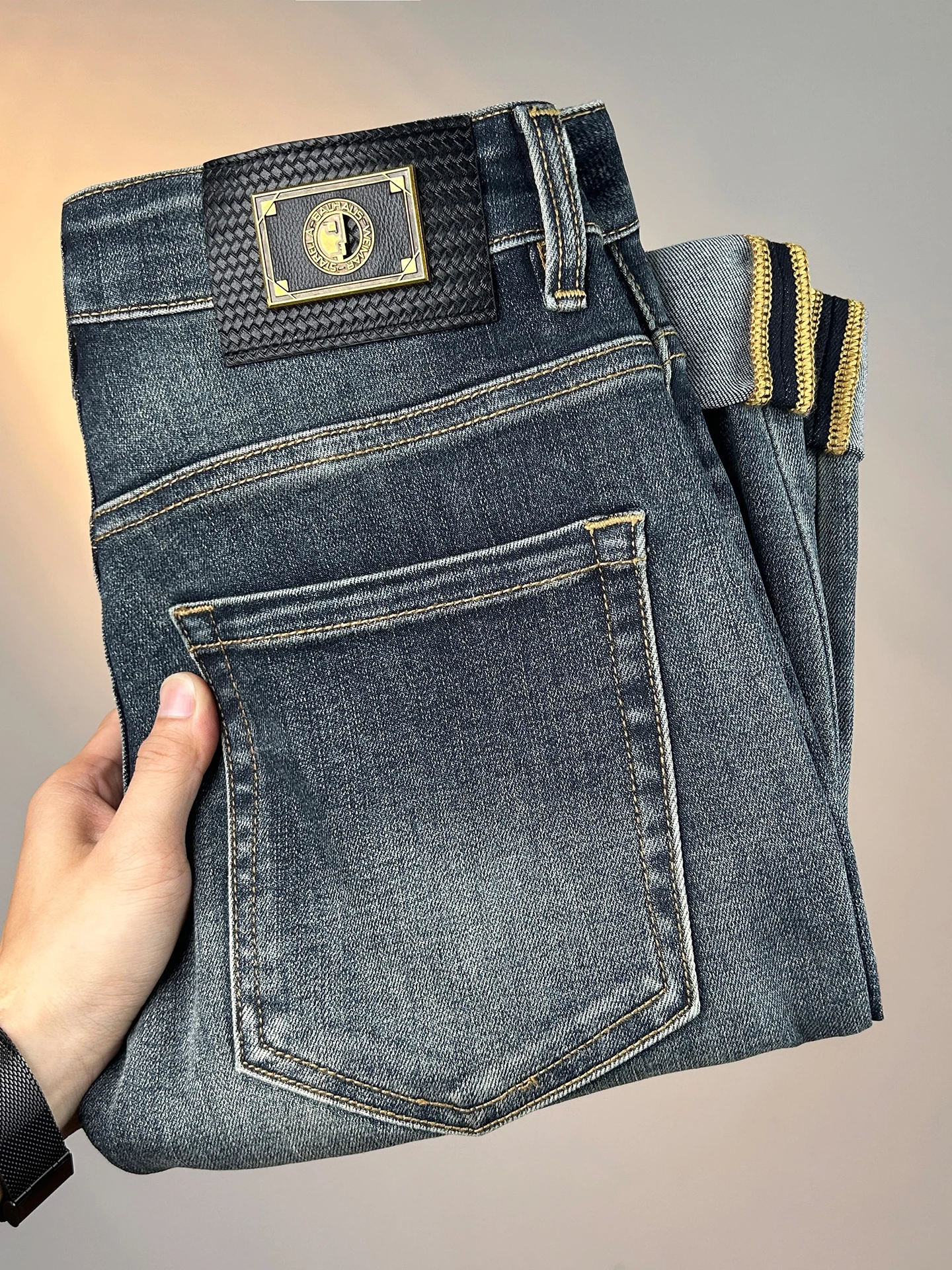 

Мужские джинсы премиум-класса синего цвета, зауженные прямые, эластичные, удобные, повседневные, длинные брюки для осени и зимы, из стираного хлопкового стрейч-денима