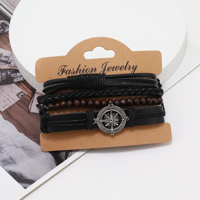 4Pcs/ Set Braided Wrap Leather Bracelets for Men Vintage Life Tree Rudder Charm Wood Beads Ethnic Tribal Wristband Rope Bracelet