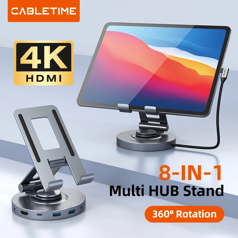 

CABLETIME 360° ° Вращающаяся подставка с USB C-концентратором 8 в 1, док-станция HDMI 4K 60 Гц PD 100 Вт USB 5 Гбит/с SD TF для iPhone iPad Pro Tablet
