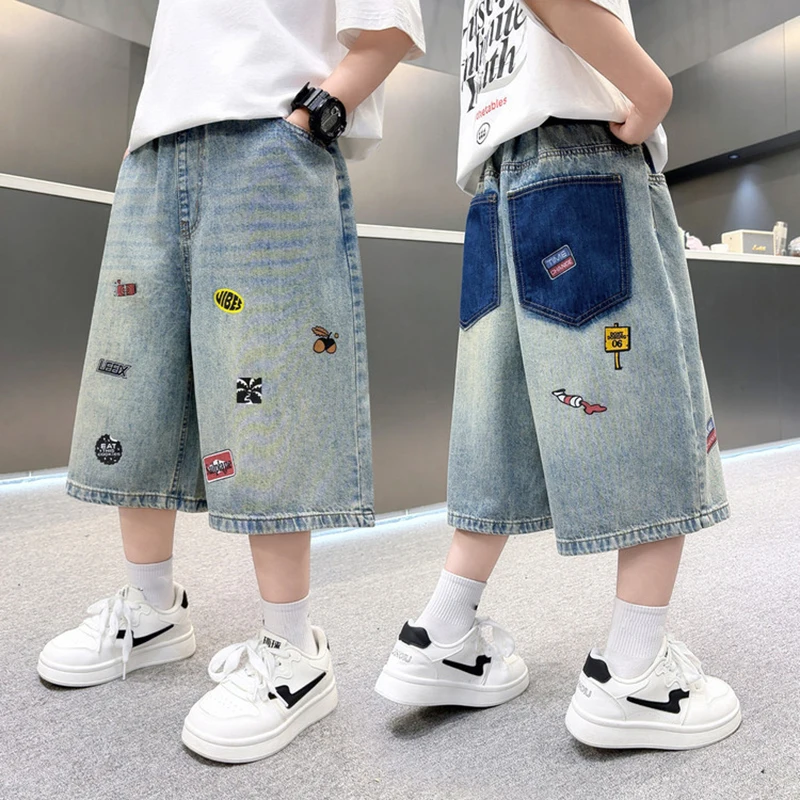 2026 Summer Teen Boys Patchwork Denim Shorts Fashion Street Print Casual Elastic Waist Short Pants Kids Clothes Thin Jeans 5-14Y