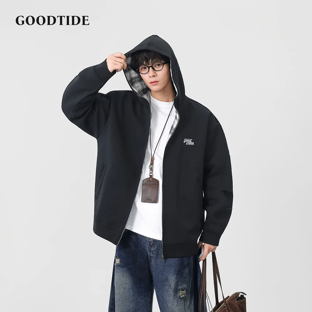 

Fashion Men's Casual Full Zip Hooded Jacket 2025 Winter New Plaid Lining Embroidered Letter Print Soft Long Sleeve Outerwear Top