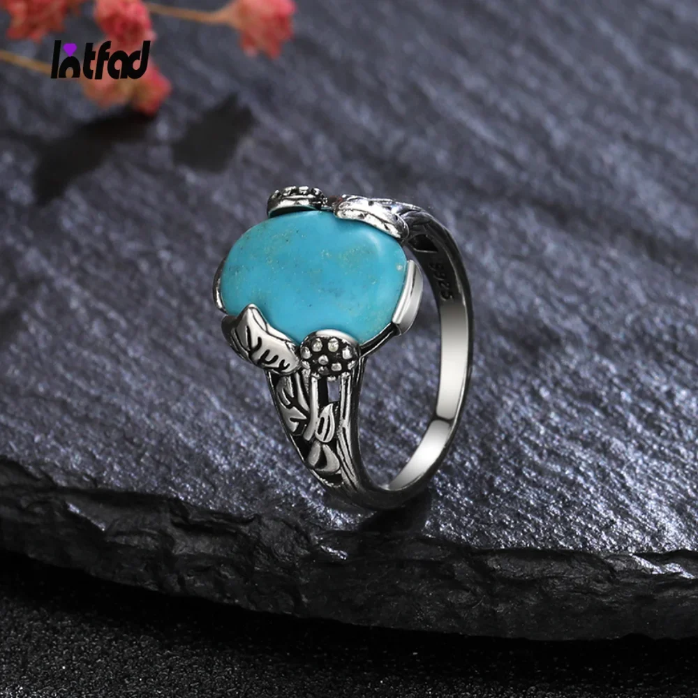 

10*14mm Natural Turquoise Ring Women's Leaf Fine Jewelry Design Vintage 925 Sterling Silver Finger Rings Wholesale