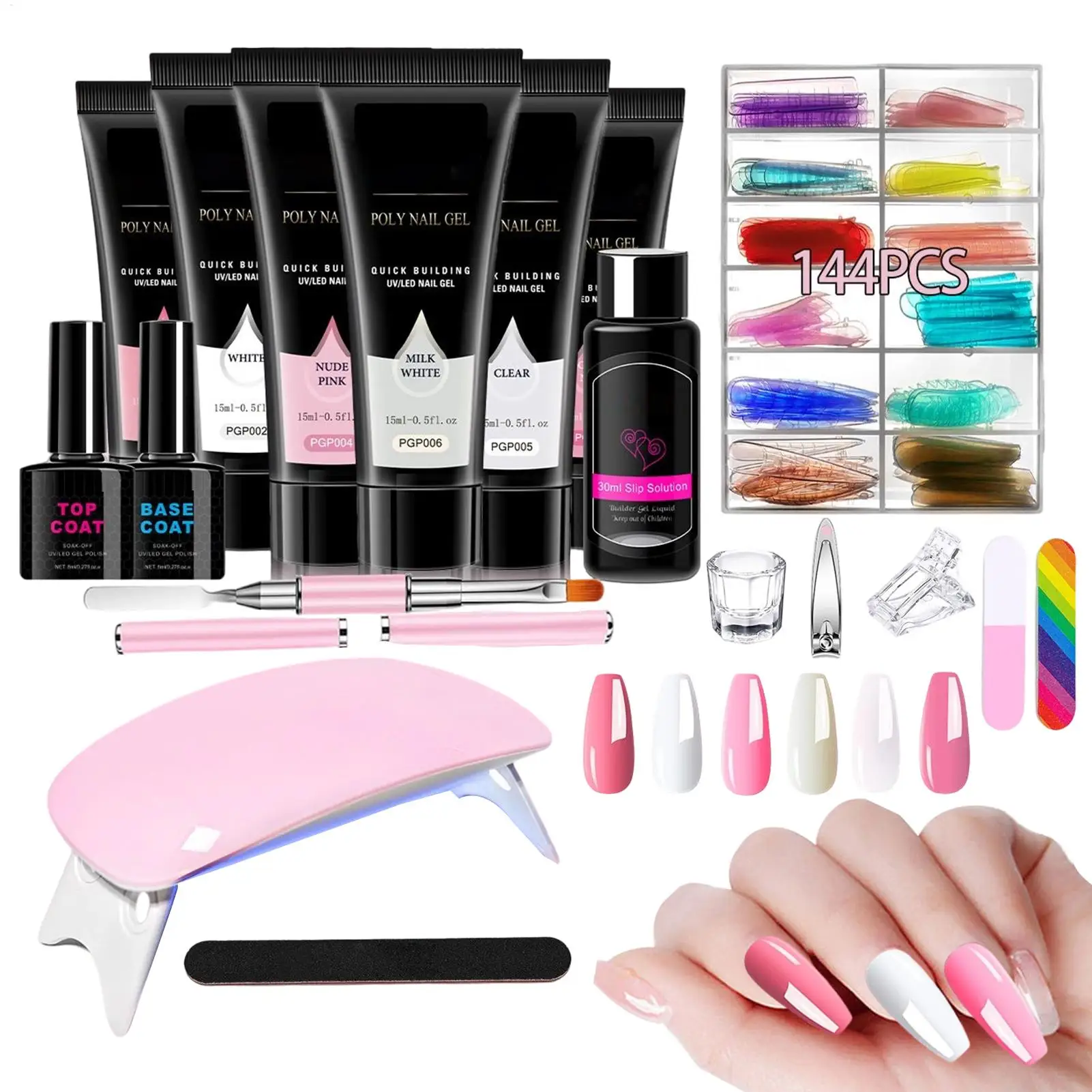 ชุดทำเล็บเจลต่อเล็บ 6 สี พร้อมโคมไฟยูวี เจลท็อปสำหรับต่อเล็บ ชุดทำเล็บครบชุด พร้อมแม่พิมพ์ต่อเล็บ