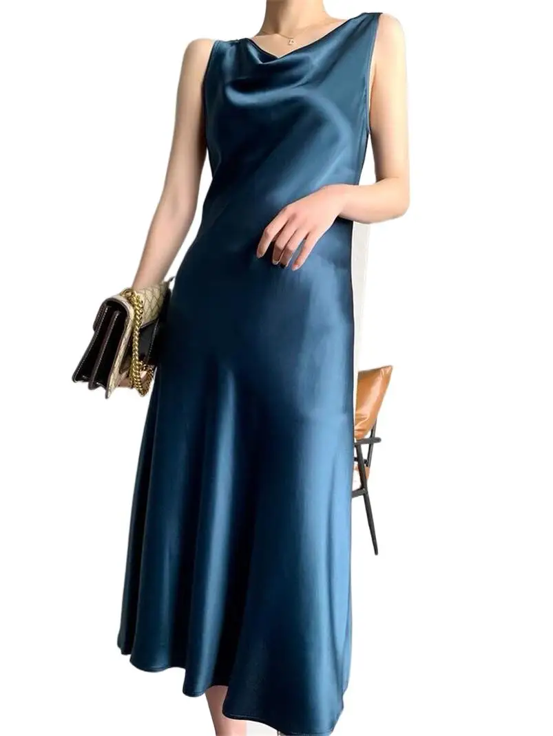 New Summer Swinging Neck Solid Satin Party Dress donna Vintage senza maniche Tank abito lungo primavera allentato a-line Dress 2024 Vestido