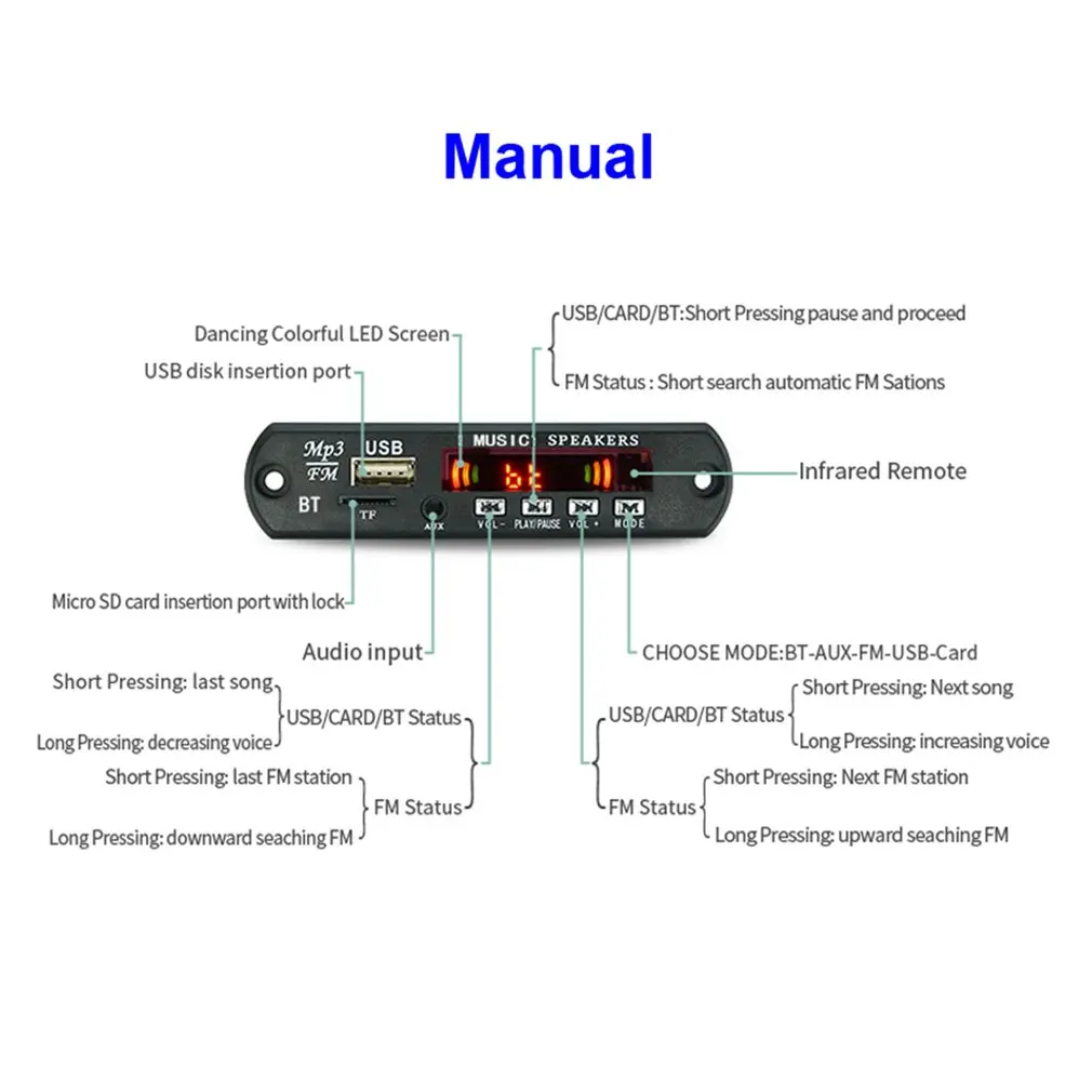 Wireless Bluetooth 5.0 12V MP3 WMA Decoder Board Car Audio USB TF FM Radio Module Color Screen MP3 Player with Remote Control