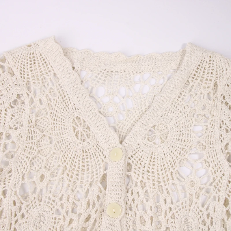 Women French Style Short Sleeve Lace Shrug Hollow Out Crochet Knit  Cardigan V-Neck Button Down Sheer Crop for Jac