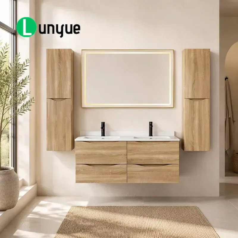 1200mm Wood Grain Double Sink Floating Bathroom Vanity with LED Mirror Tall Storage Cabinets Modern Luxury Wall Mounted