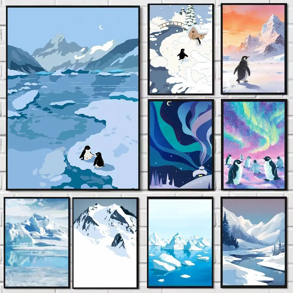 Cute Penguin Polar Landscape Poster Blue Glacier Sticker Minimalist Nordic Wall Art Iceberg Nature Print Home Room Decoration