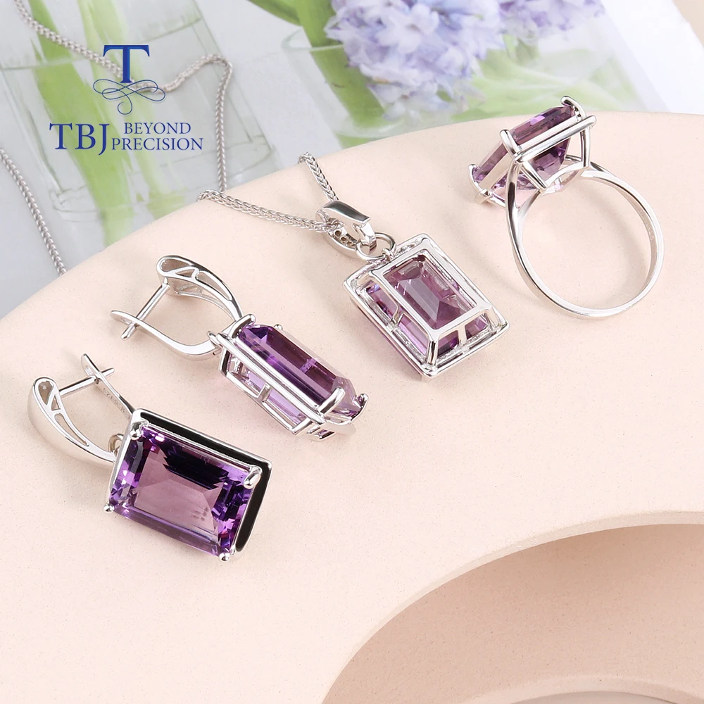 Light Luxury Natural Brazil Amethyst Ring Earrings Pendant Jewelry Set 925 Silver Women's Anniversary Holiday Gift