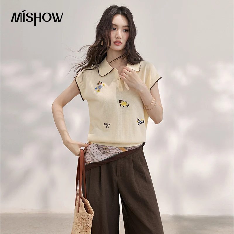 MISHOW Short Sleeved Cartoon Animal Embroidered Polo Shirt 2026 Summer New Sweet Lightweight Knitted Top For Women MXF25Z3107