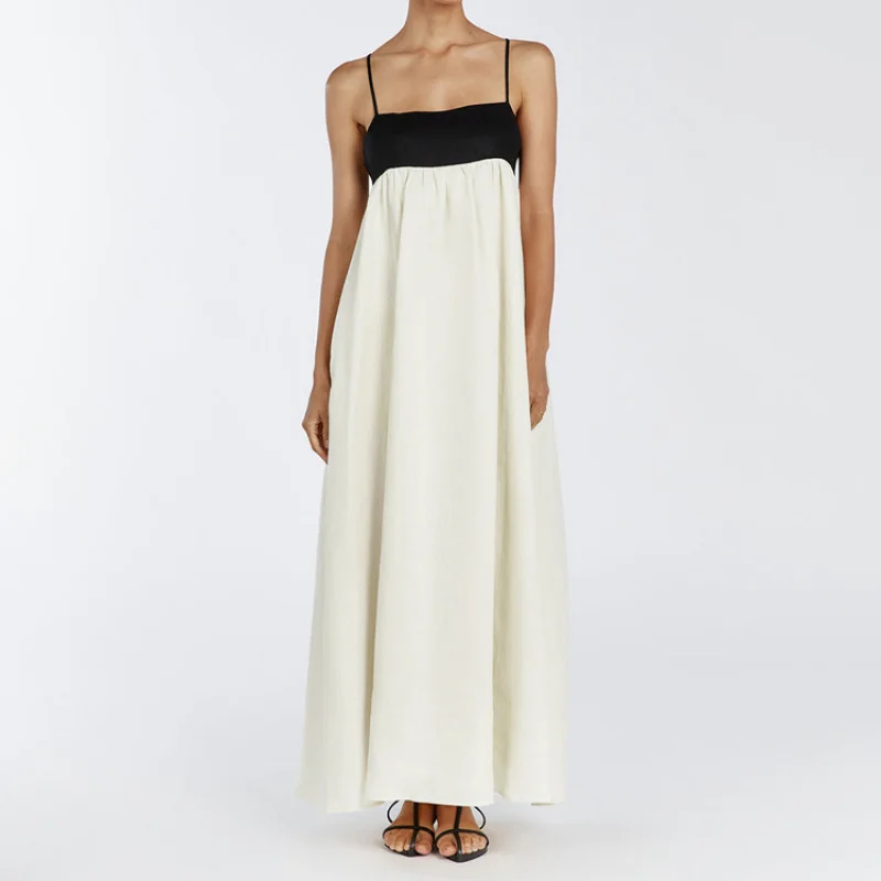 

Spring and Summer New Black and White Contrast Color Strap Dress for Women, French Fashion Sexy Backless Long Puff Dress