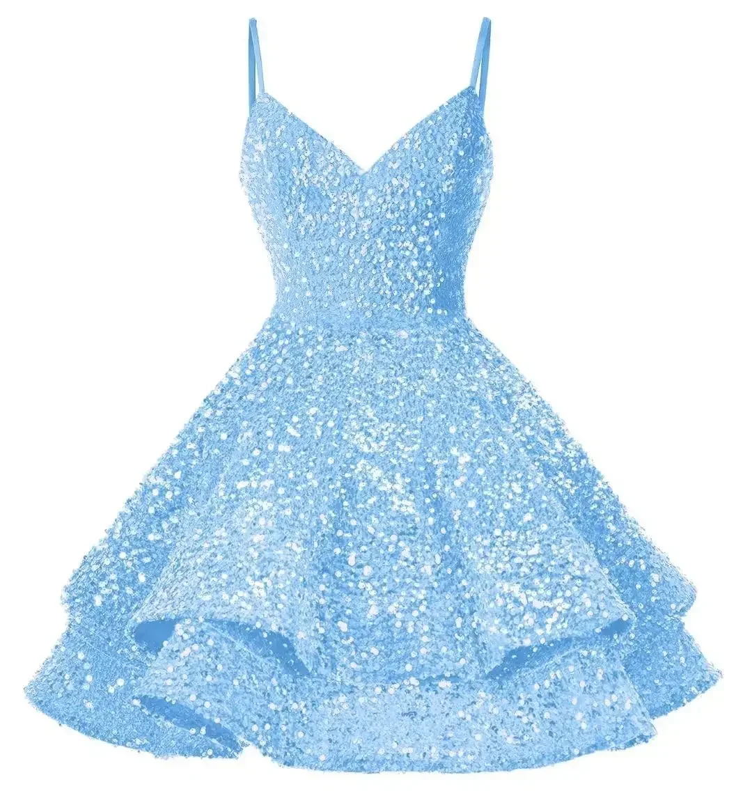 

Flower Girl Dresses Womens Sparkly Sequin Homecoming Dresses For Teens Tiered Spaghetti Straps V Neck Prom Dresses 2024 Short Fo