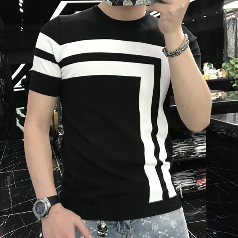 2022 Summer Patchwork Color Slim Fit Knitted T Shirt Men O-Neck Stretched Tee Shirt Homme Streetwear Fashion Men Casual T-Shirt