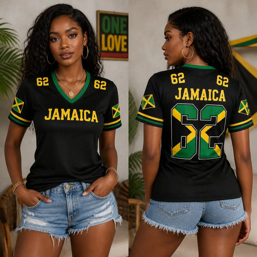 Sommerliches Damen-Pendler-Outfit: Jamaikanisch bedrucktes V-Neck T-Shirt – Personalisiertes, lässiges Fashion-Street-Style Damen-Oberteil – Detail 6