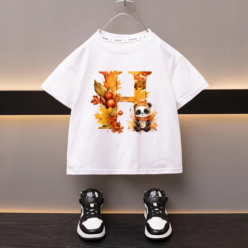 Maple Leaves Letter H Children T-shirt Kawaii Clothes for Girls T Shirt Anime Cartoons Casual Kid Boy Short Sleeve Tops New 2024