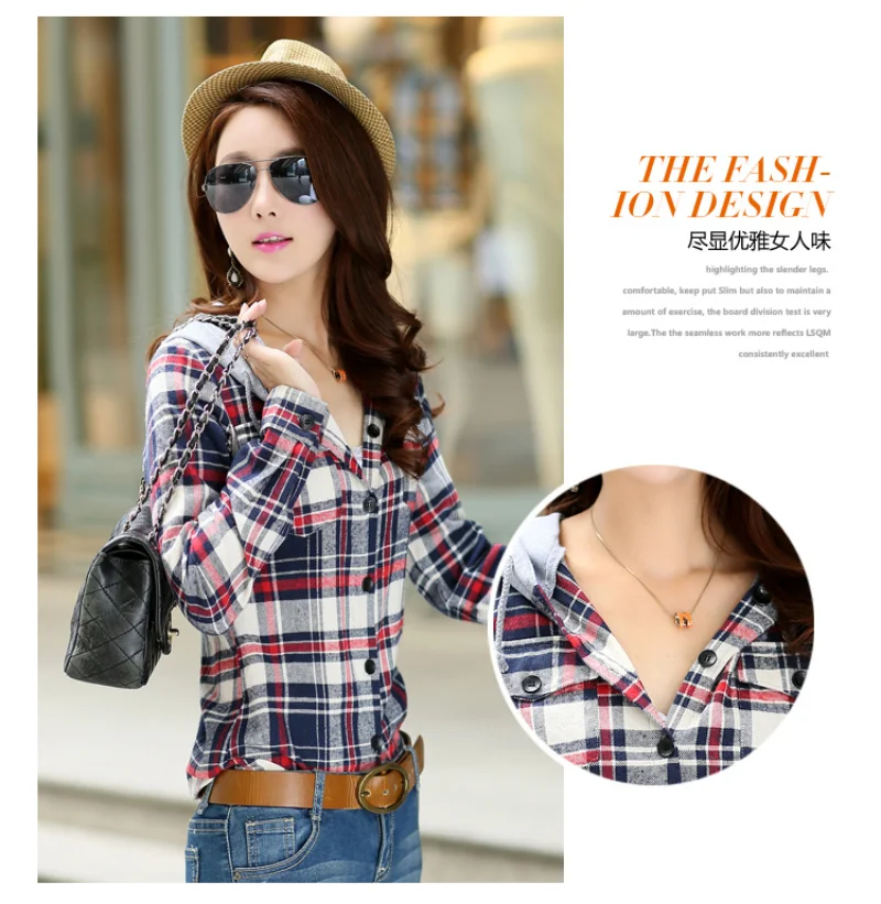 Women\'s Casual Plaid Shirt, Hooded, Long Sleeve, Loose, Single-Breasted, Harajuku, Checkered Blouse, Oversized Clothes