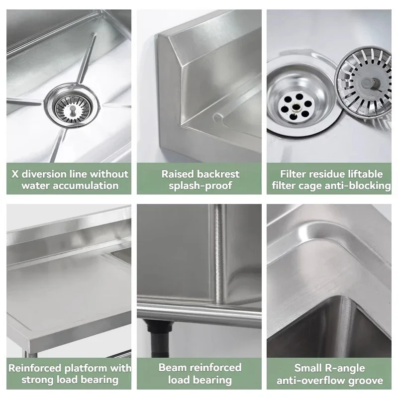 Commercial Stainless Steel Sink with Bracket Kitchen Single and Double Sink Dish Washing Basin with Platform Dining Hall