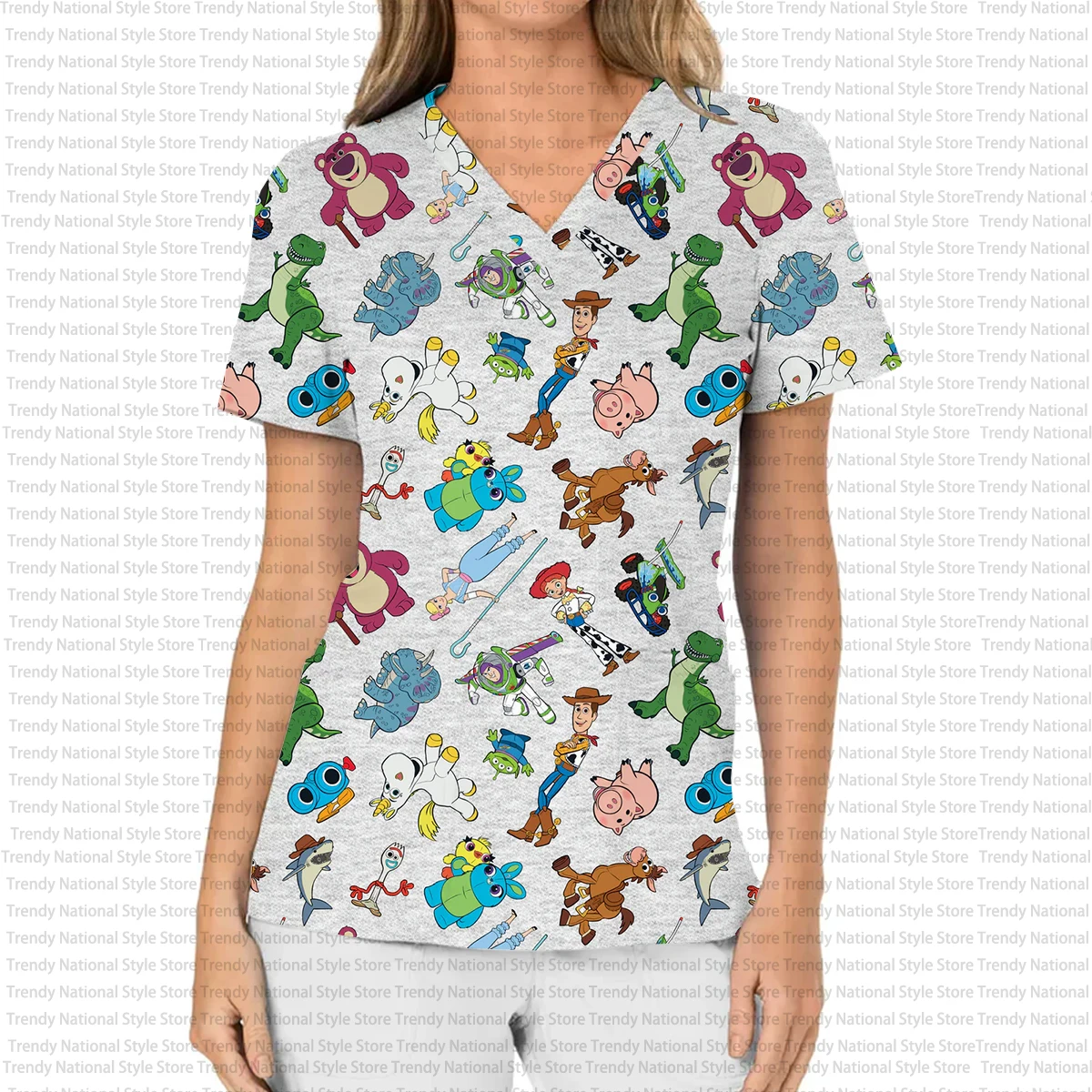 Summer Disney Buzz Lightyear Women's Work Uniform V-Neck Pocket Frosted Top with Unique Print Suitable for Business T-Shirt