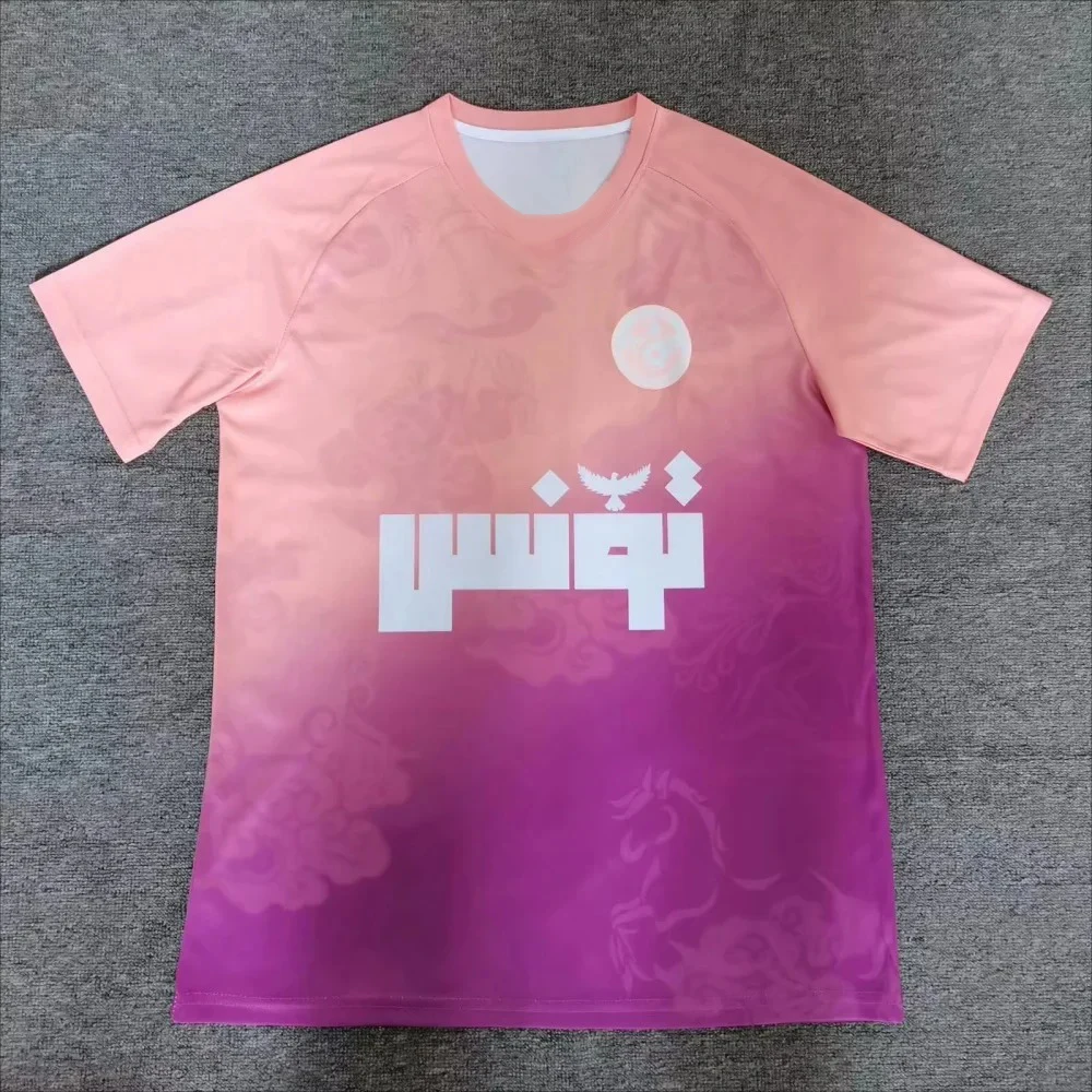 Retro Men's Soccer Jersey Round‑Neck Abstract Geometric Print Pink‑Cyan Gradient Triangle Pattern 2026 Crest Fan Football Shirt
