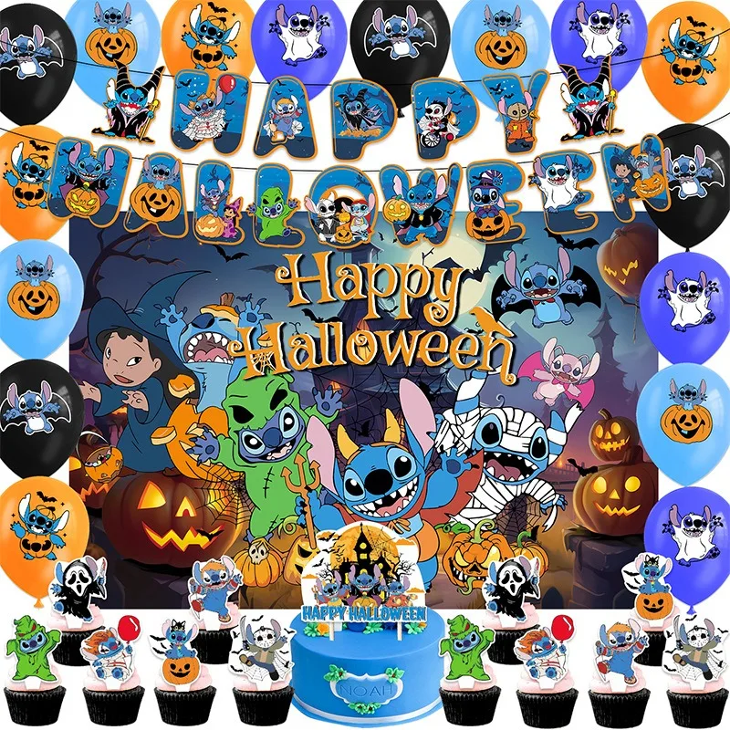

Halloween Stitch Theme Party Decoration Anime Cartoon Flag Balloon Background Cloth Cake Plugin Arrangement Happy Party Supplies
