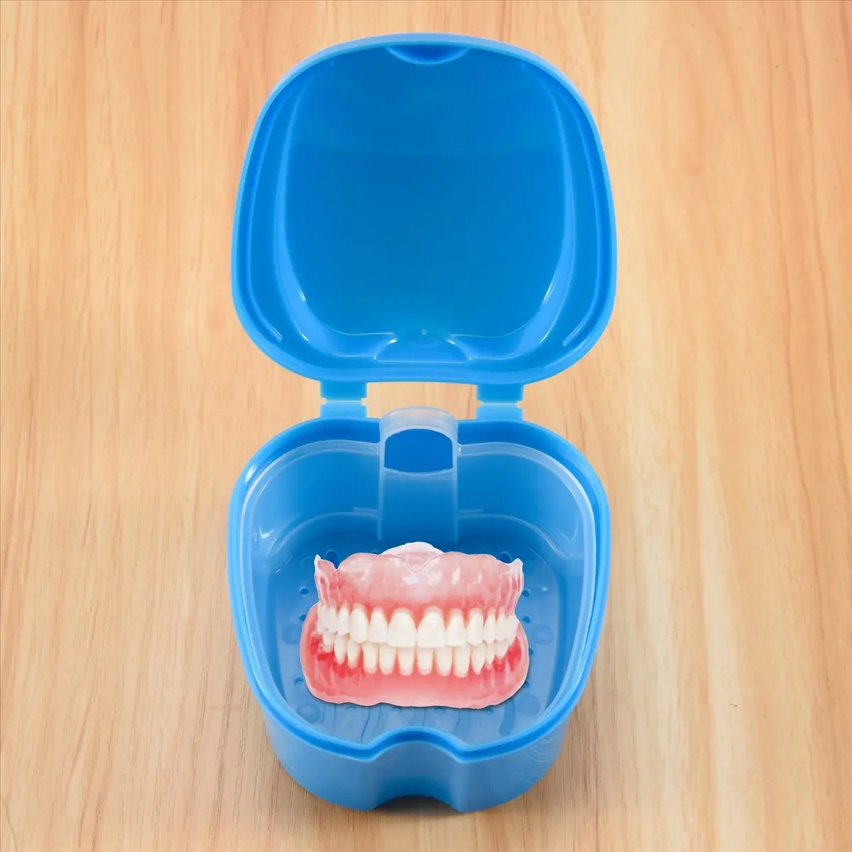 【~ NEW N21R】Blue Denture Case, Denture Cup with Strainer, Denture Bath Box False Teeth Storage Box with Basket Net Container Hol