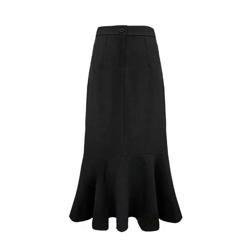 Women's Black Mermaid Midi Skirt Elegant High Waist Flounced Hem Bodycon Skirt