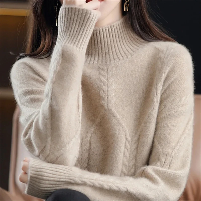 秋冬厚手ウールレディースタートルネックセーターニットシャツ暖かいトップスルーズプルオーバーニットウェア長袖インナーシャツ
