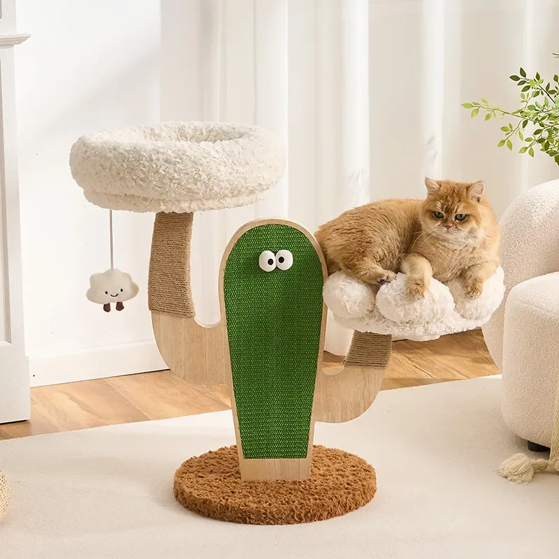 Large Solid Wood Cactus Cat Tree with Sisal Scratching Post and Cozy Nest Integrated Climbing Frame for Small Apartments
