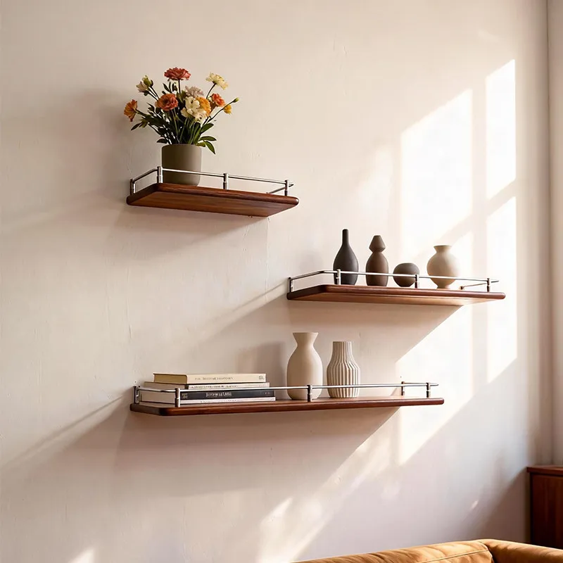 Wall Mounted Storage Shelf Floating Display Rack Solid Wood One-Shelf for Living Room Premium Home Organizer with Brass Accents