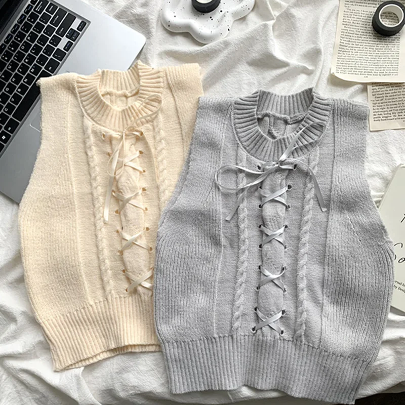 Rin Confa Summer Women Solid Color Bandage Design Knit Crop Tops Design Sleeveless Cozy Soft Sweater Vest Slim Vintage Chic Top