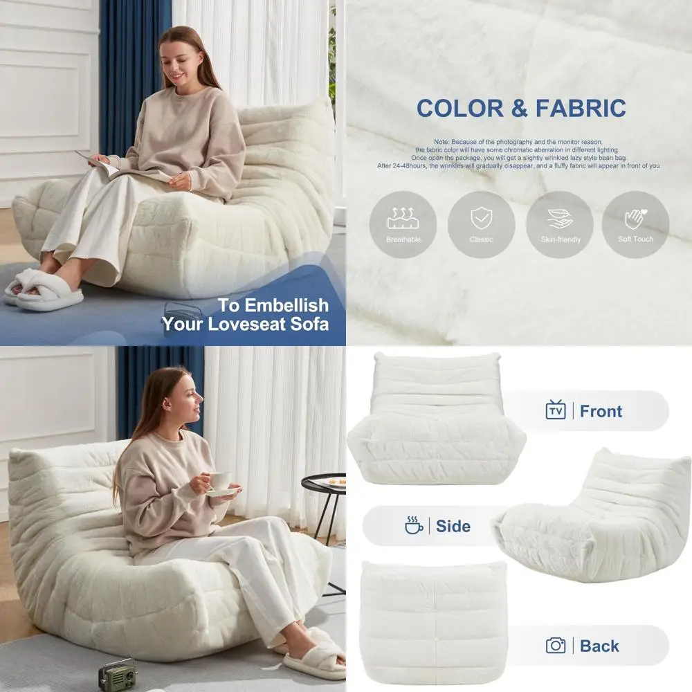 كرسي بين باج من إسفنج الذاكرة العملاق - أريكة من القطيفة من الفرو الصناعي للبالغين، غرفة المعيشة، غرفة النوم، المكتب (أبيض، فردي) #1