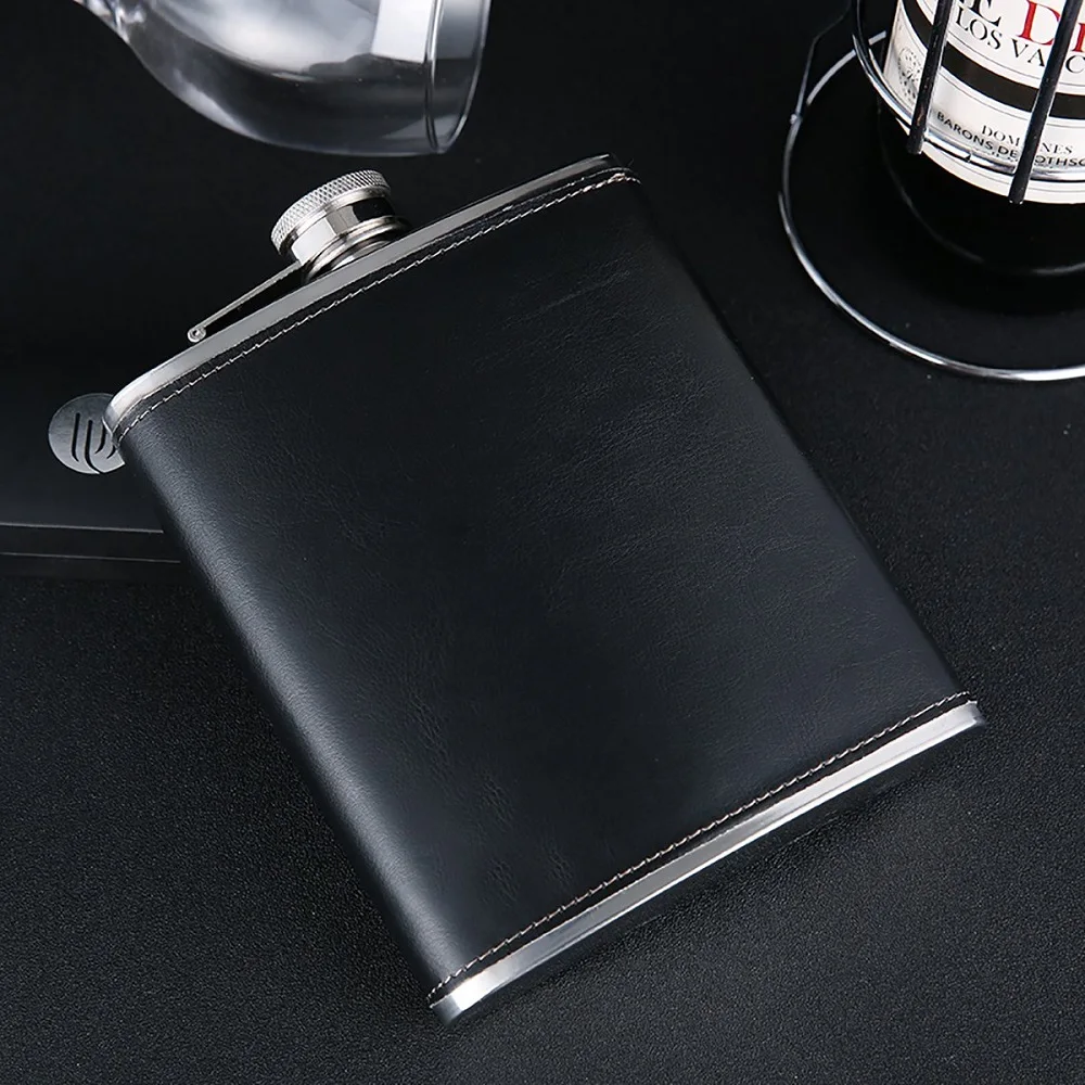 18 oz Black Leather Wrap Whisky Flagon Stainless Steel Hip Flask Alcohol Wine Pot Large Capacity Bottle Vodka Liquor 500ML