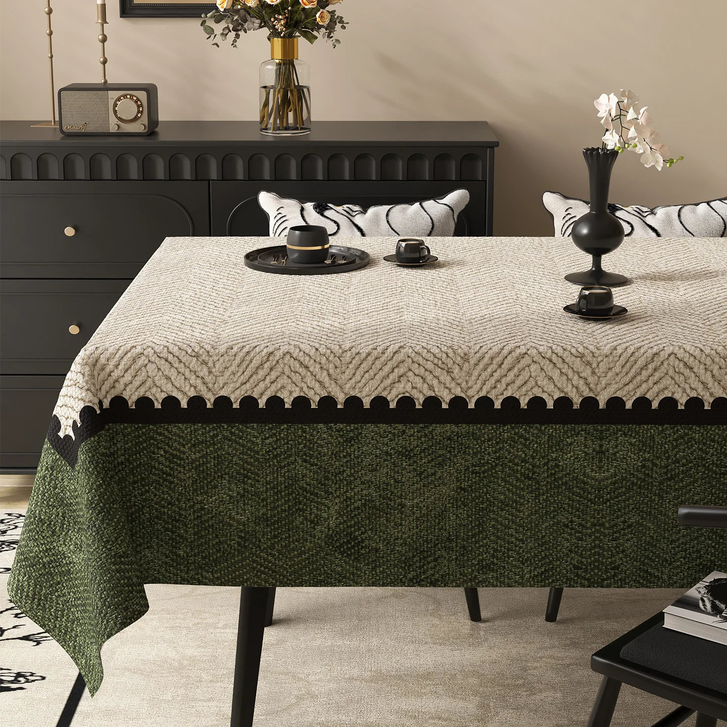 Medium style table cloth waterproof and oil-proof table pad 2025 new light luxury high-end retro green tea table cover
