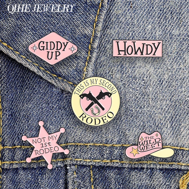Modische Rosa Western Cowboy Emaille-Anstecknadel Sheriff Stern Howdy Second Rodeo Der Wilde Westen Cowboyhut Brosche Reversnadel Schmuck Geschenk