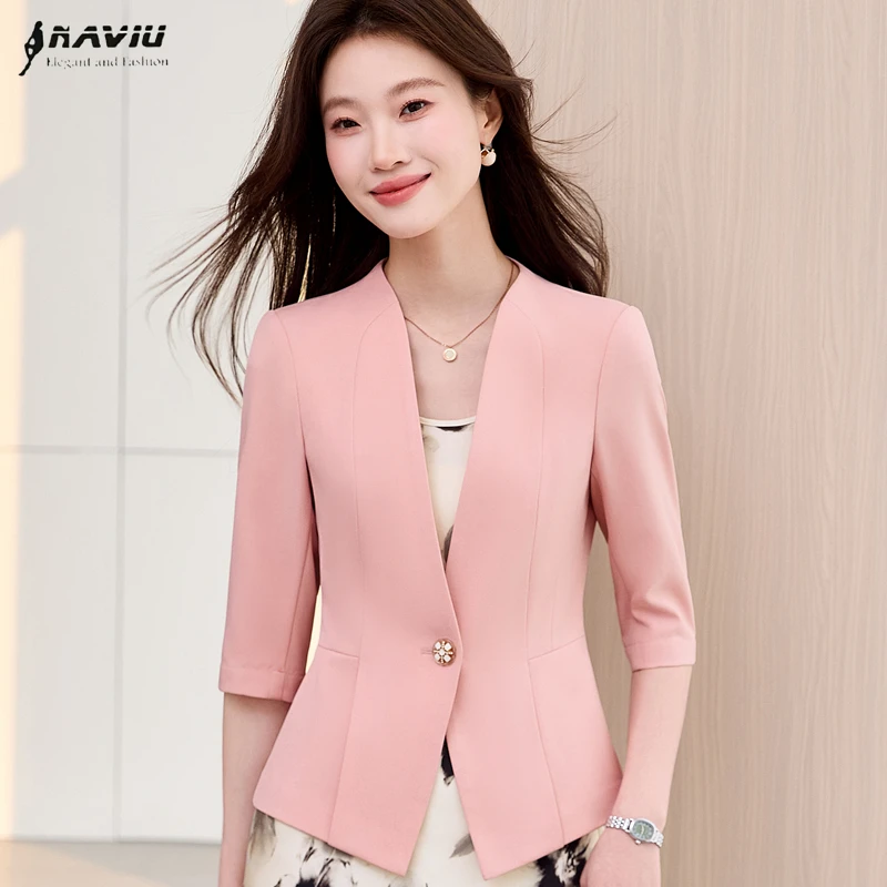 

NAVIU Elegant Women Pink Blazer New Temperament V Neck Slim Half Sleeve Jacket Office Ladies Casual Work Coat Tops White