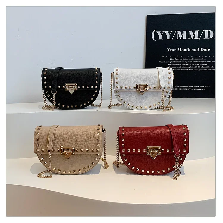

2025 New Popular Solid Color Rivet - Decorated Bag - Trendy & Versatile Shoulder/Messenger Saddle Bag with Lock Chain Strap