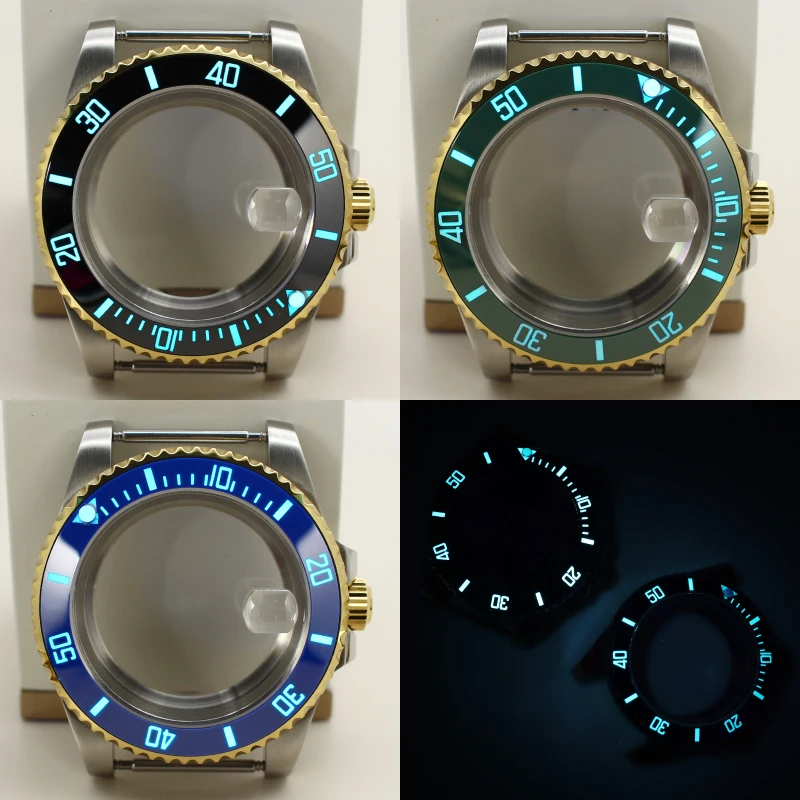 

40mm Silvery Gold Watch Case C3 Luminous Bezel For Submariner Seiko NH35 NH36 NH38/34 ETA 2824 Miyota 8215 Movement 28.5mm Dial