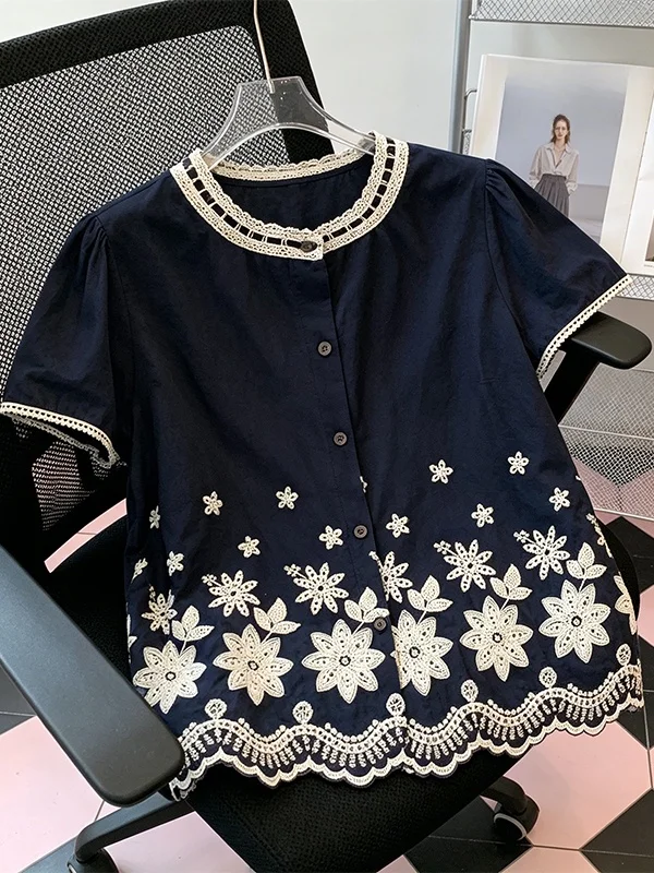 

plus Size Summer New Style Embroidered Lace Collar Loose Fit Tunic Top Women's Comfortable Breathable Korean Style Casual Wear