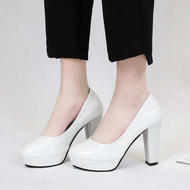 High Heels Shoes Women White Wedding Shoes Thick Heels Fashion Party Pumps Footwear Round bridesmaid wedding shoes Large size